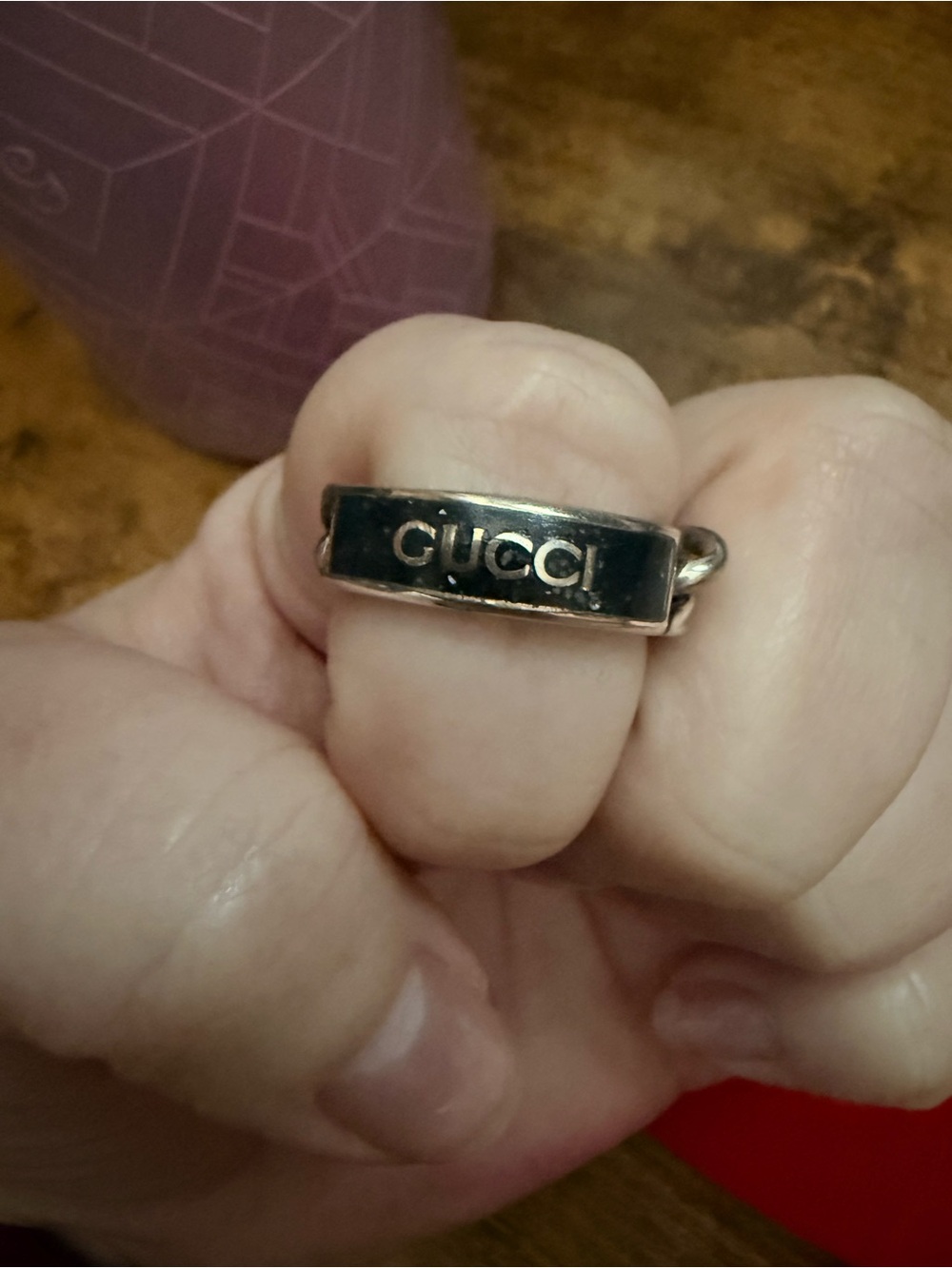 Gucci Black and Silver Logo Band Ring
